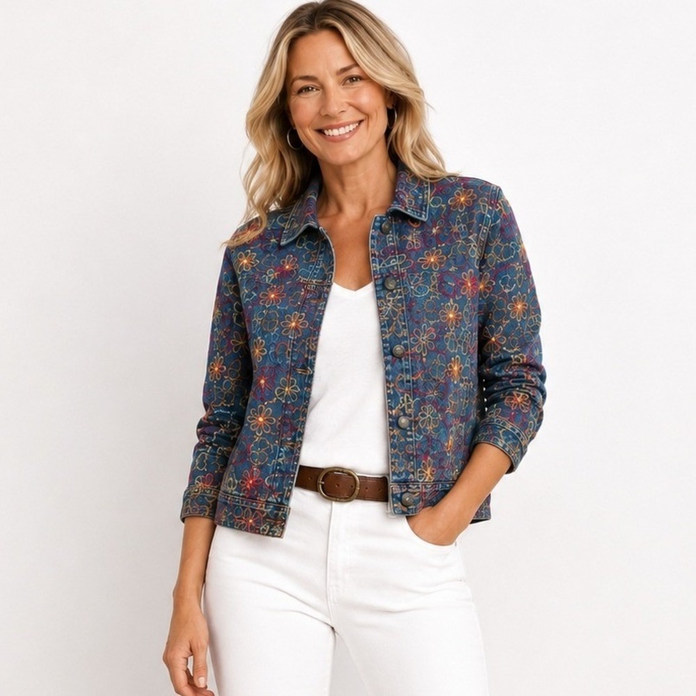 Coldwater Creek Women PS Blue Denim Jacket Floral Embroidered Boho Cottagecore